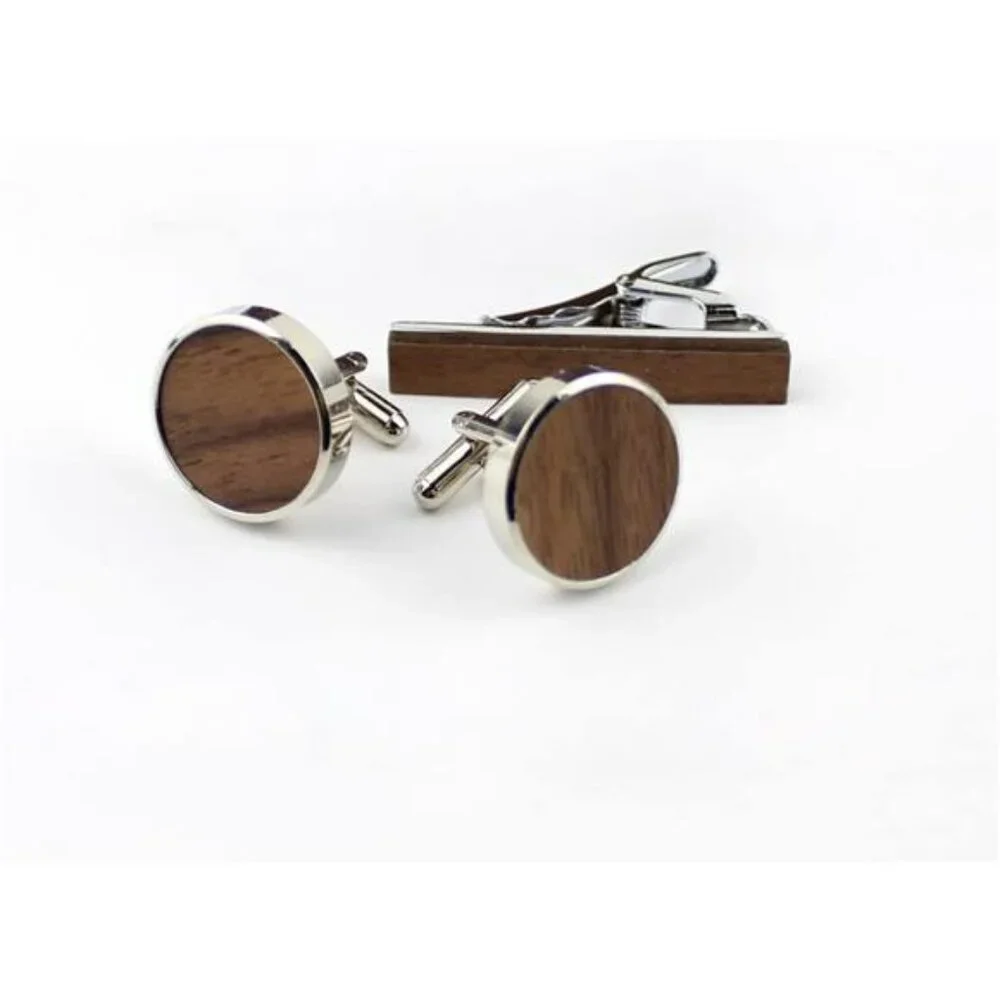 Mens Walnut Wood Cufflinks Tie Clip Set Stainless Steel Gift Box Wedding
